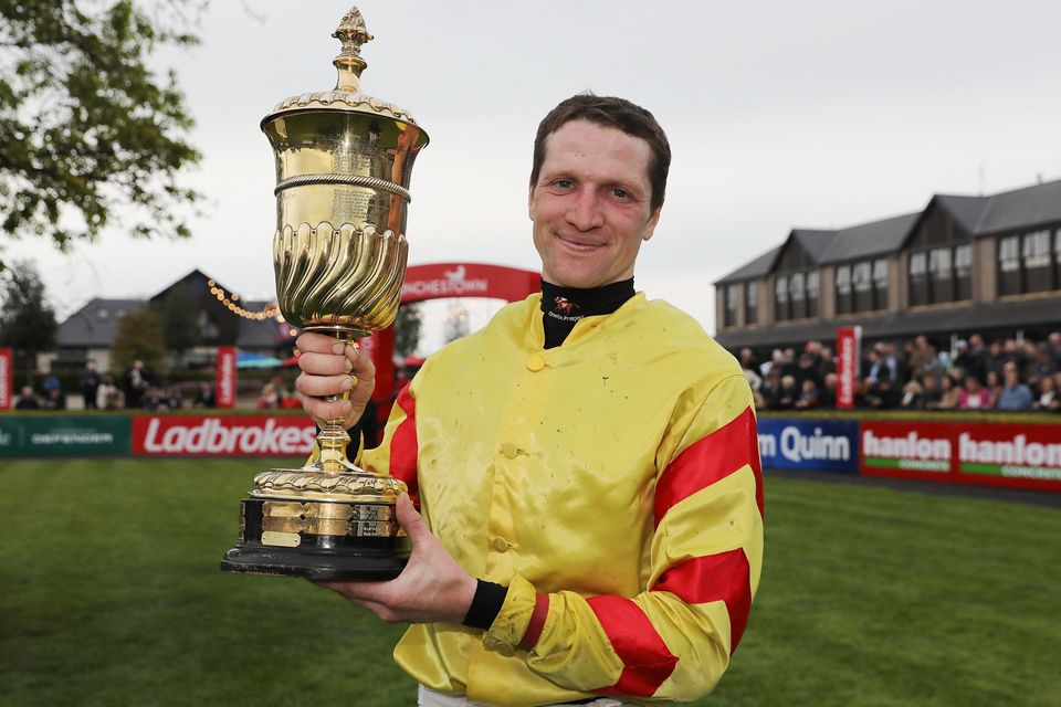 Trainer and rider Barry Walsh with the La Touche Cup after his win on Singing Banjo. Photo: Dave Barrett