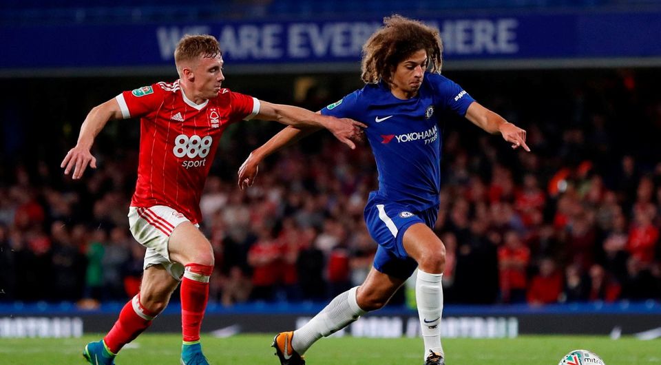 Chelsea's Ethan Ampadu in action with Nottingham Forest's Ben Osborn. Photo: Paul Childs/Action Images via Reuters