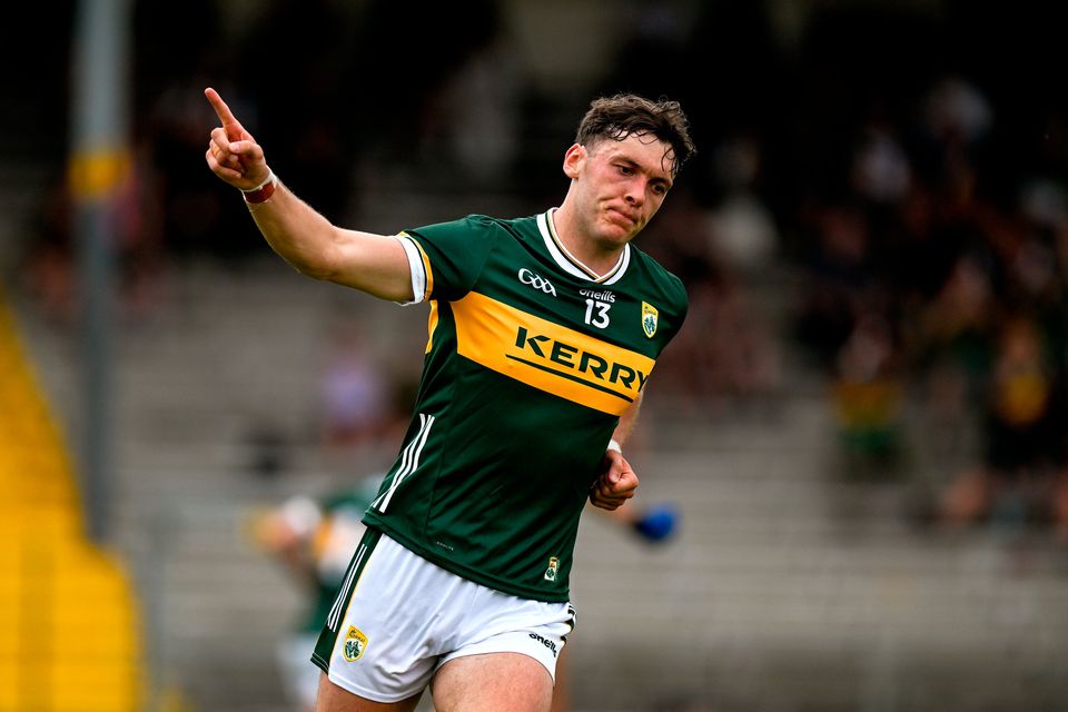 Kerry's David Clifford celebrates after scoring his side's second goal during the All-Ireland SFC preliminary quarter-final against Cavan at Fitzgerald Stadium in Killarney. Photo: Brendan Moran/Sportsfile