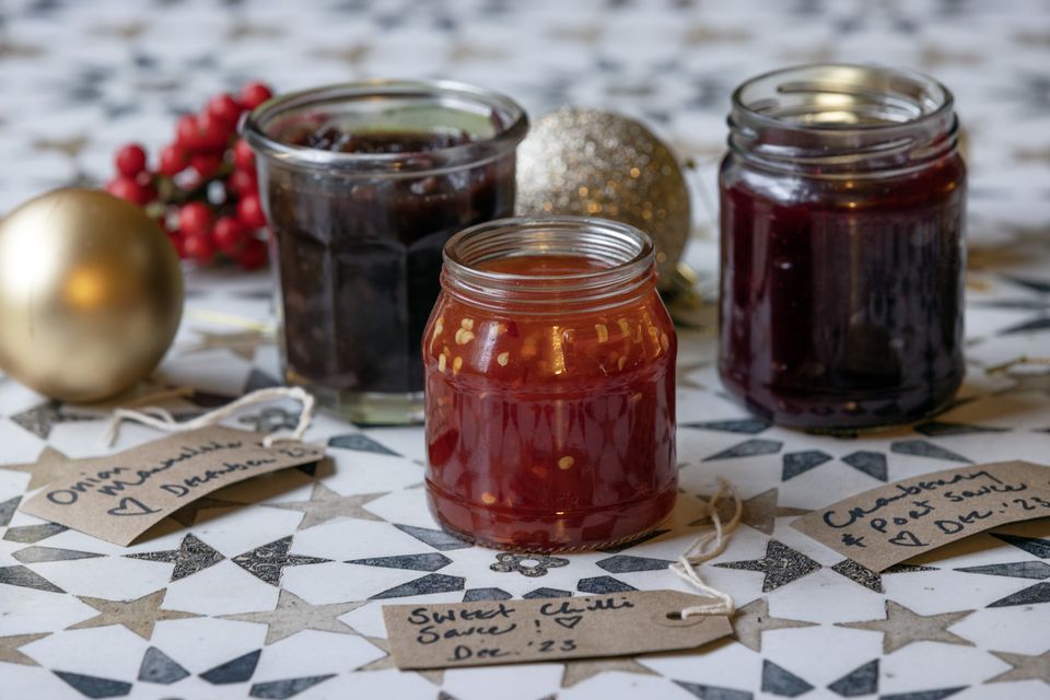 From left, Rachel Allen’s onion marmalade, sweet chilli sauce and cranberry and port sauce. Photo: Tony Gavin