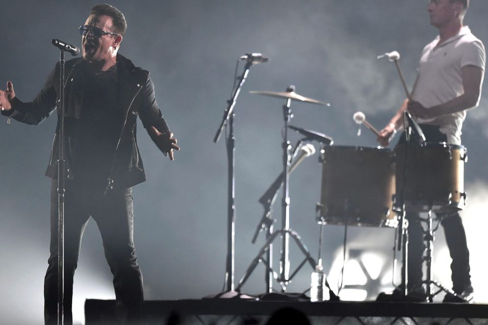U2 on stage at the  2014 MTV Europe Music Awards last night. Photo: Reuters