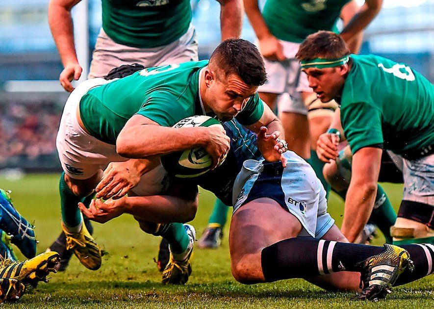 Conor Murray scores Ireland’s third try in the win over Scotland at the Aviva Stadium yesterday. Photo: Ramsey Cardy