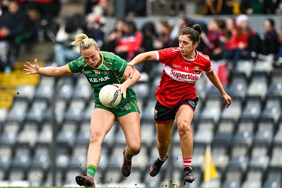 Vikki Wall of Meath in action against Ciara O'Sullivan of Cork during the Lidl Ladies National Football League Division 1 Round 7 match between Cork and Meath at Pairc Ui Rinn in Cork. Photo by Eóin Noonan/Sportsfile
