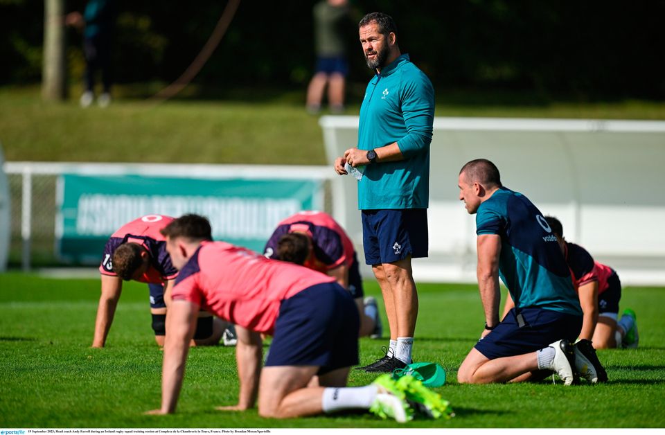 Ireland head coach Andy Farrell oversees training in Tours yesterday. Photo: Sportsfile