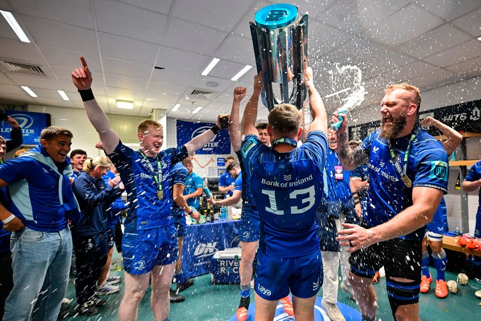 Garry Ringrose of Leinster, 13, and teammates celebrate after the United Rugby Championship Grand Final win over Bulls at Croke Park in Dublin. Photo by Brendan Moran/Sportsfile