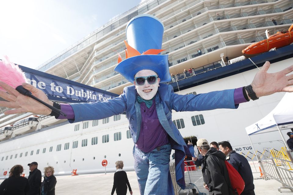 Pictured beside Celebrity Eclipse was VJ on stilts. The 2,850 guest Celebrity Eclipse has arrived in Dublin to become the first ever cruise ship to be based from the port. Picture Conor McCabe Photography.