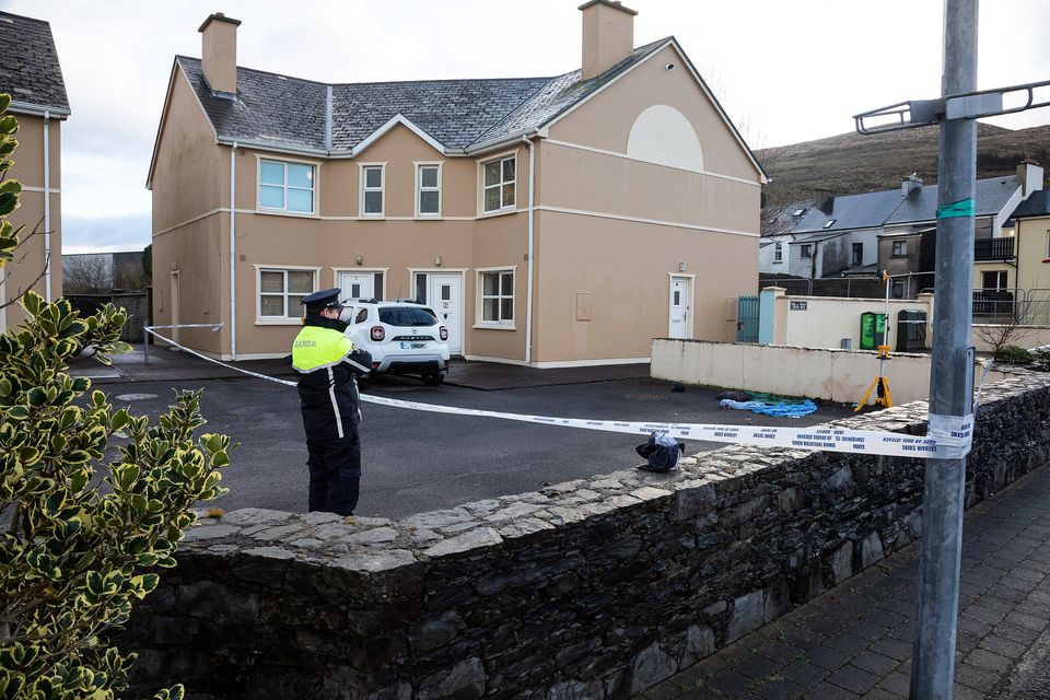The scene at Fertha Drive in Cahersiveen, Co Kerry where a suspected stabbing incident took place in the early hours of Monday, February 12, remains closed off.  Photo by Alan Landers
