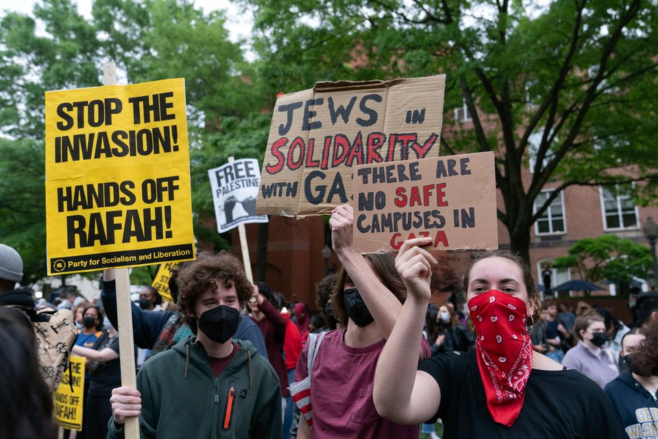 George Washington University students rally on campus during a pro-Palestinian protest over the Israel-Hamas war. AP