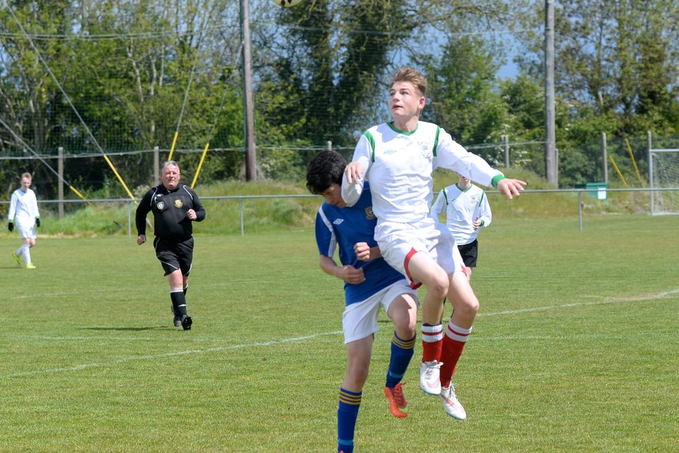 19/05/15.Aaron Rodgers gets up during the Under 15s soccer final between Colaiste Phadraig CBS and Templeouge College at Peamount Utd.
Pic: Justin Farrelly.