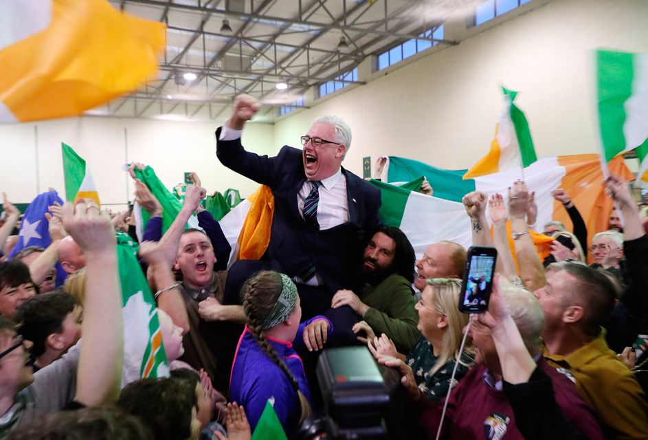 Top of the poll: Sinn Féin’s Thomas Gould celebrates his election in Cork North Central. Photo: Yui Mok/PA Wire