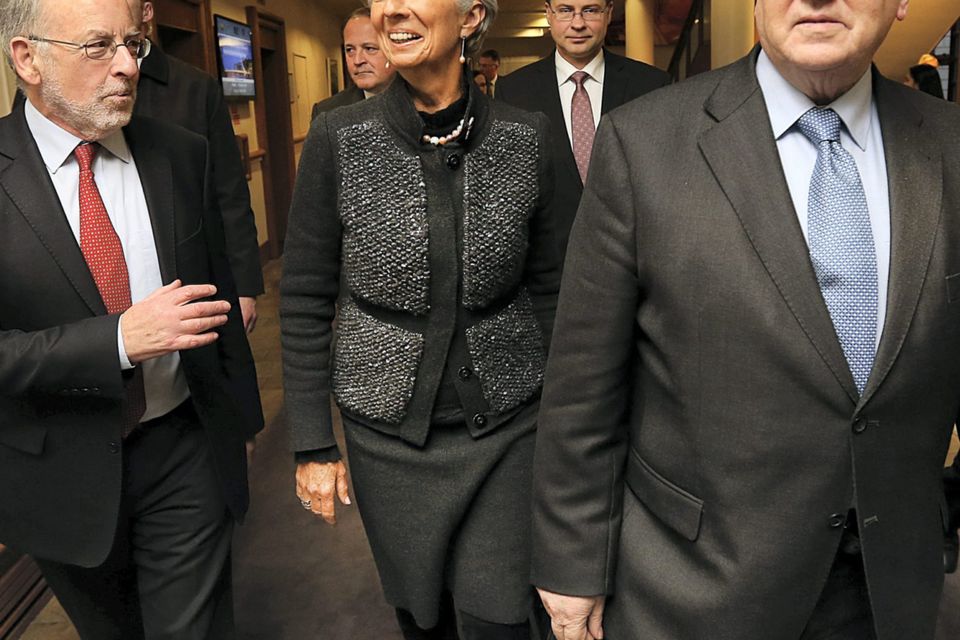 Christine Lagarde of IMF with Minister for Finance Michael Noonan and Central Bank governor Patrick Honohan at last week's conference in Dublin Castle. Photo: Steve Humphreys