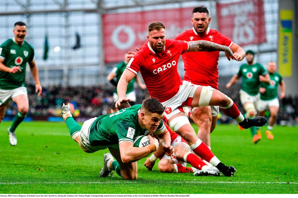 Ireland's Garry Ringrose scores his side's fourth try during Saturday's Guinness Six Nations victory over Wales at the Aviva Stadium. Photo: Brendan Moran/Sportsfile