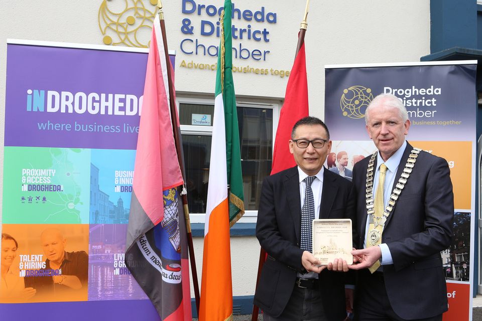 Drogheda Chamber of Commerce President Hubert Murphy with Mr. Fan Shi, Member of the Party Working Committee of Sichuan Tianfu New Area as Chinese Delegates visit to Drogheda Chamber of Commerce and Boann Distillery.