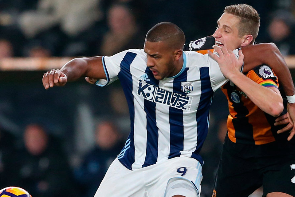 West Brom's Salomon Rondon battles with Hull City's Michael Dawson. Photo: Scott Heppell/Reuters