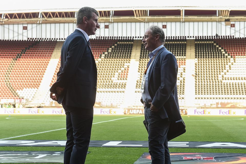 Dundalk manager Stephen Kenny, left, in conversation with former Ireland manager Brian Kerr before the Europa League Group D match between AZ Alkmaar and Dundalk at AZ Stadion in Alkmaar, Netherlands back in 2016. Photo by David Maher/Sportsfile