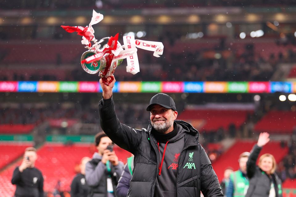 Liverpool manager Jurgen Klopp celebrates with the Carabao Cup trophy at Wembley Stadium. Photo: Julian Finney/Getty Images