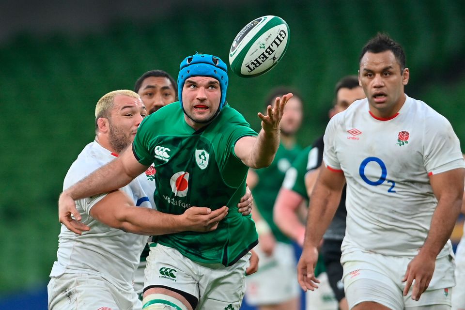 Eyes on the prize: Tadhg Beirne is tackled by Ellis Genge of England during Ireland's Six Nations win in Dublin. Photo: Ramsey Cardy/Sportsfile