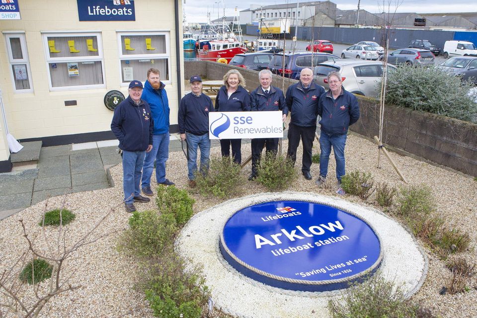 Tony Fennell, Mark Palmer, Maurice Leahy, Tommy Nolan, Declan Smullen and Jimmy Myler of the Arklow RNLI pictured with Deirdre Keogh at the new garden at the Arklow Lifeboat Station