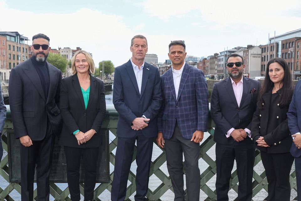 Dhiraj Malhotra and Abhishek Bachchan, co-founders ETPL, . Sarah Keane, CEO of Cricket Ireland, Brian MacNeice, Chair of Cricket Ireland, Rahul Dravid, owner of Dublin Guardians, Ajit Ravindran from Dublin Guardians and Priyanka Kaul and Saurav Banerjee, co-founders ETPL in Dublin