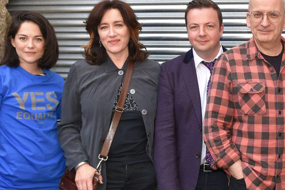 Sarah Greene, Maria Doyle Kennedy, Oliver Callan and Roddy Doyle at the Abbey Theatre’s Noble Call for Marriage Equality in Dublin yesterday. Photo: VIP Ireland