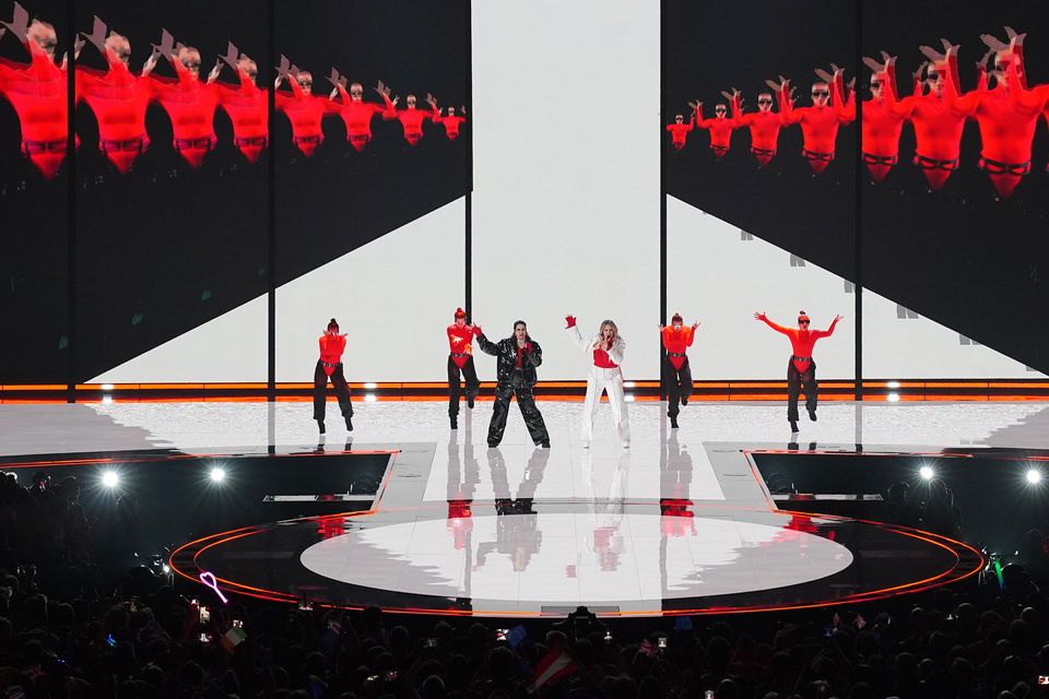 Austria entrant Teya and Salena perform their entry Who The Hell Is Edgar? (Peter Byrne/PA)