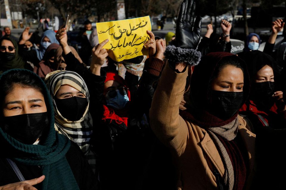 Afghan women chant slogans in protest against the closure of universities to women by the Taliban in Kabul, Afghanistan. Reuters