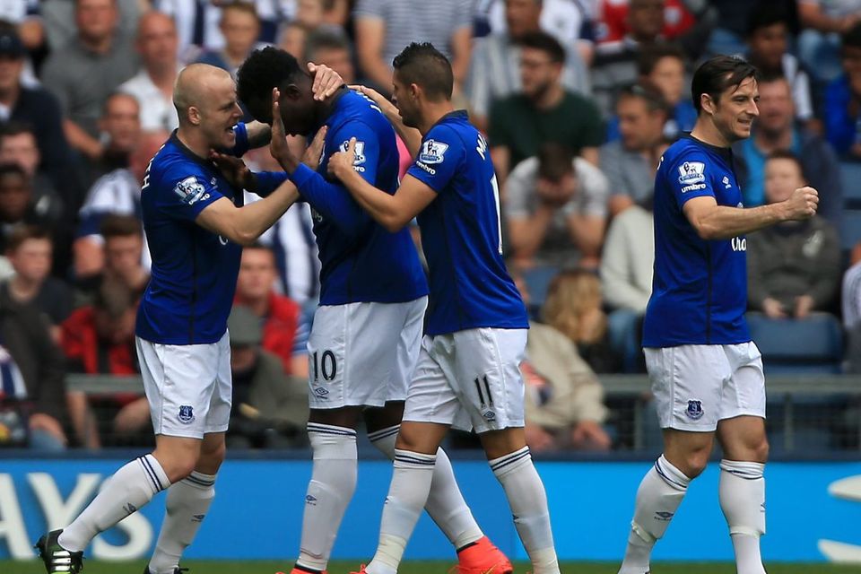 Everton's Romelu Lukaku celebrates scoring his side's first goal of the game