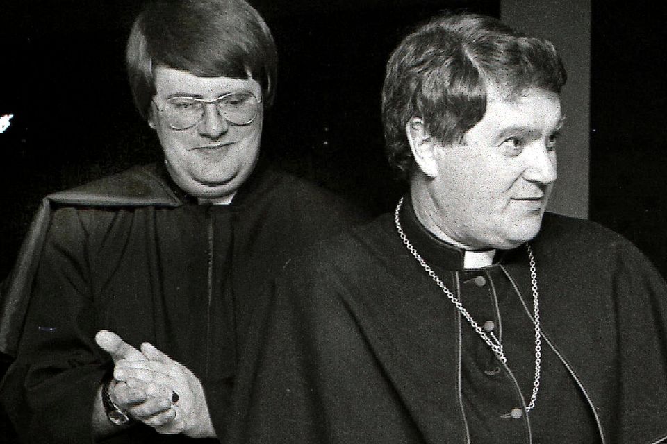 Bishop Brendan Comiskey (right) with Fr Seán Fortune, the then curate in Poulfur, Co Wexford, in 1985. Photo: PJ Browne