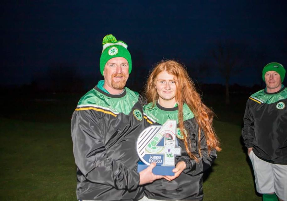 Joe and Katie with the inaugural Four Nations Footgolf trophy