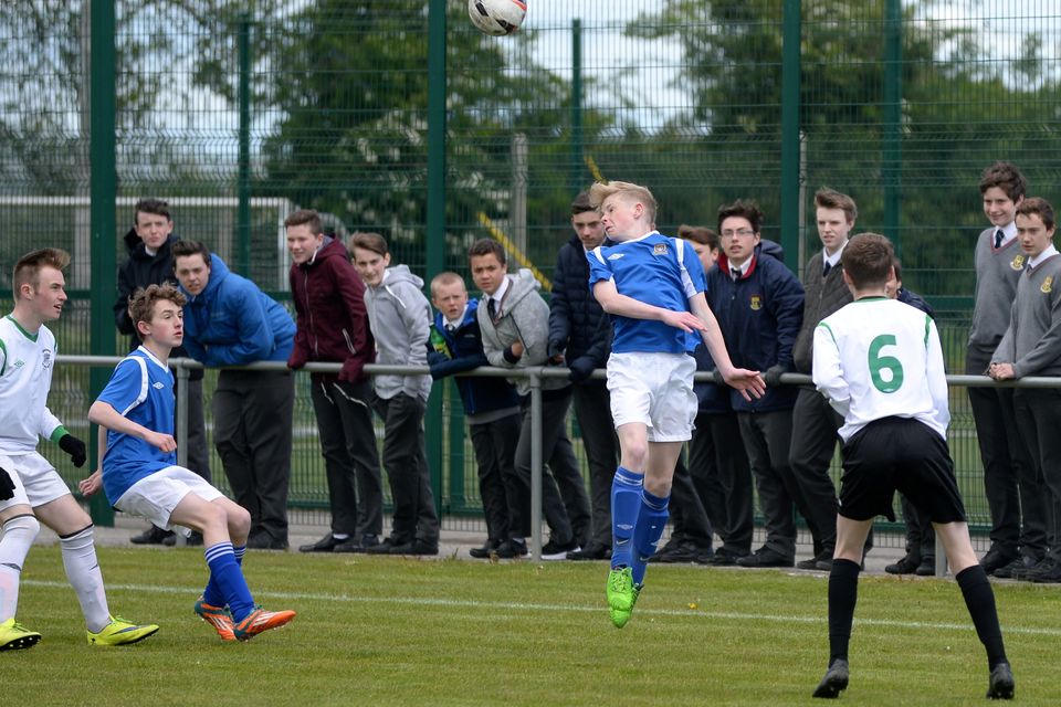 19/05/15. Glenn Hollywood gets up during the Under 15s soccer final between Colaiste Phadraig CBS and Templeouge College at Peamount Utd.
Pic: Justin Farrelly.
