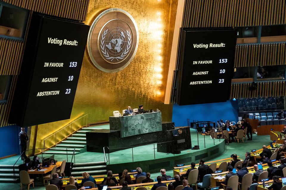 A screen shows the voting results during the meeting of the United Nations General Assembly on ceasefire resolution, amid the ongoing conflict between Israel and the Palestinian Islamist group Hamas, in New York City, U.S., December 12, 2023. REUTERS/Eduardo Munoz