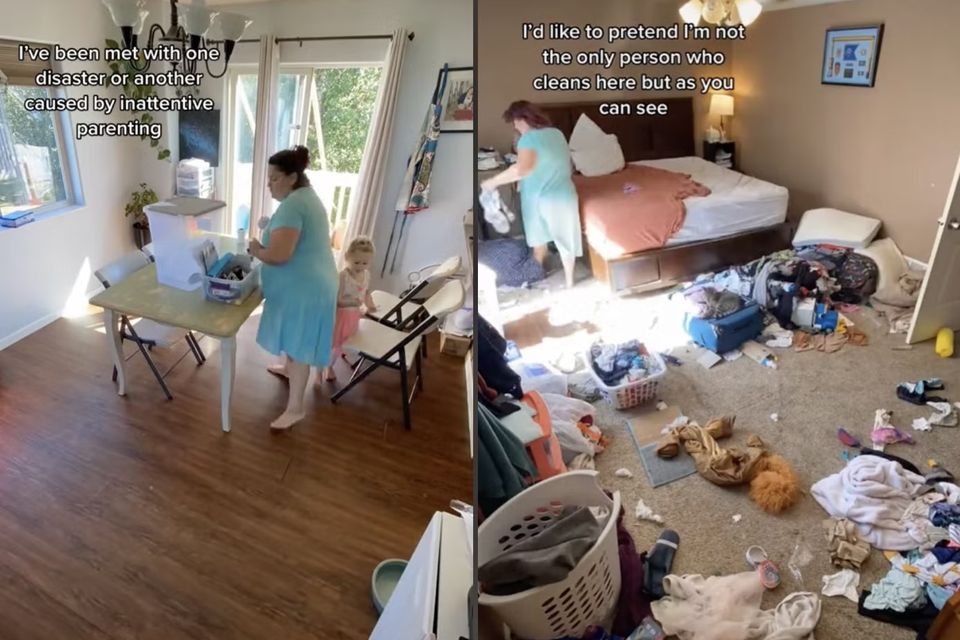‘Lynalice’ filmed a time lapse video while tidying up scenes of complete devastation: messy toys, unmade beds, laundry bunched up on the floor, a towering pile of dirty dishes