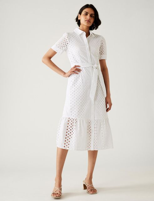 M&S pure cotton broderie anglais belted shirt dress in crisp white