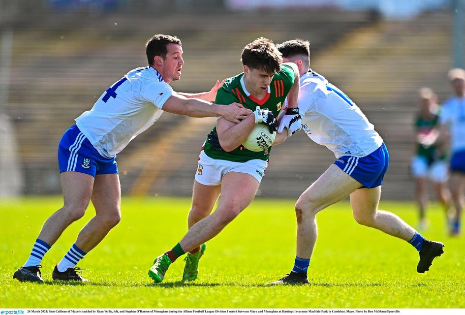 Mayo's Sam Callinan, in action here against Monaghan, keeps his place for Sunday's Allianz NFL Division 1 final against Galway