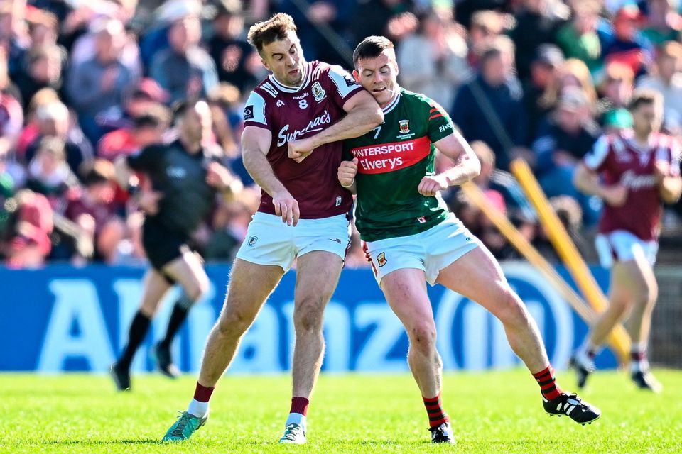 Galway's Paul Conroy tussles with Mayo's Stephen Coen during the Connacht SFC final. Photo: Seb Daly/Sportsfile