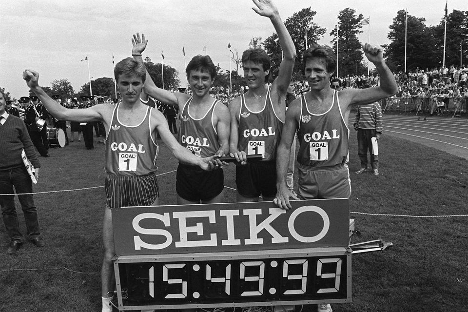 From left, Frank O'Mara, Marcus O'Sullivan, Ray Flynn and Eamonn Coghlan after breaking the world 4 x 1mile relay record. Photo: Ray McManus