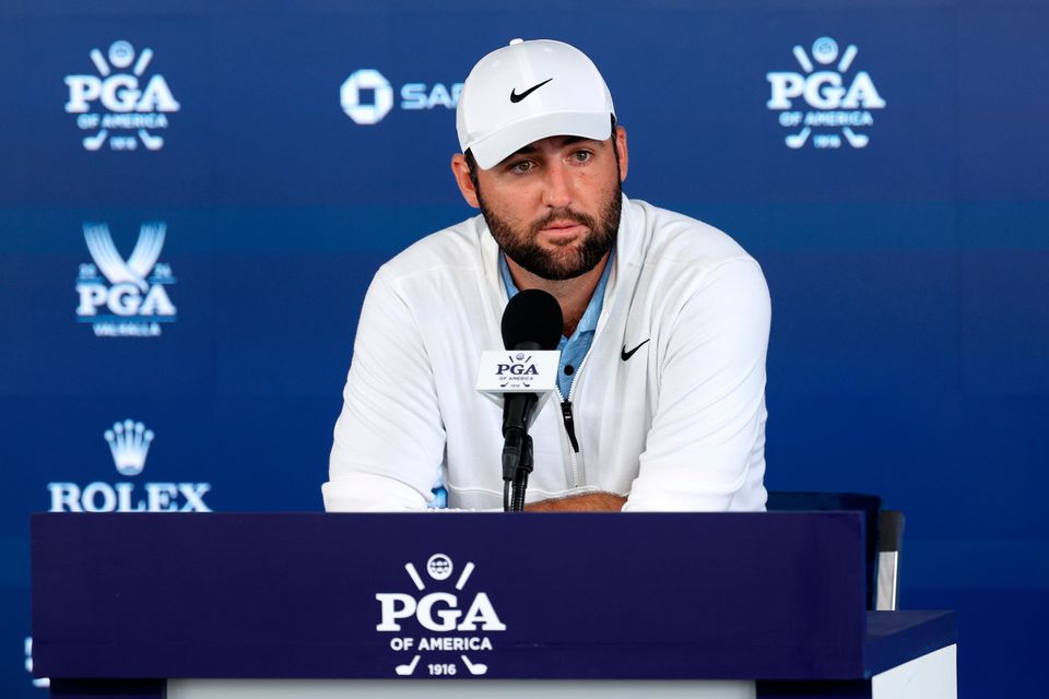 Scottie Scheffler speaks to the media after his second round at PGA Championship in Louisville, Kentucky. Photo by Patrick Smith/Getty Images