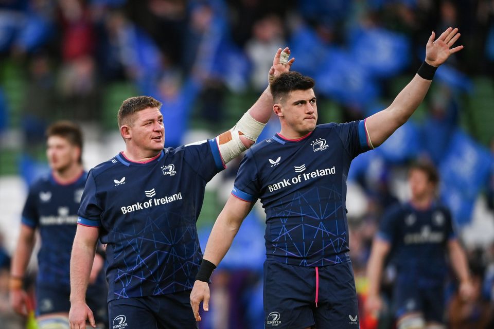 Tadhg Furlong and Dan Sheehan salute Leinster fans after the win over La Rochelle.