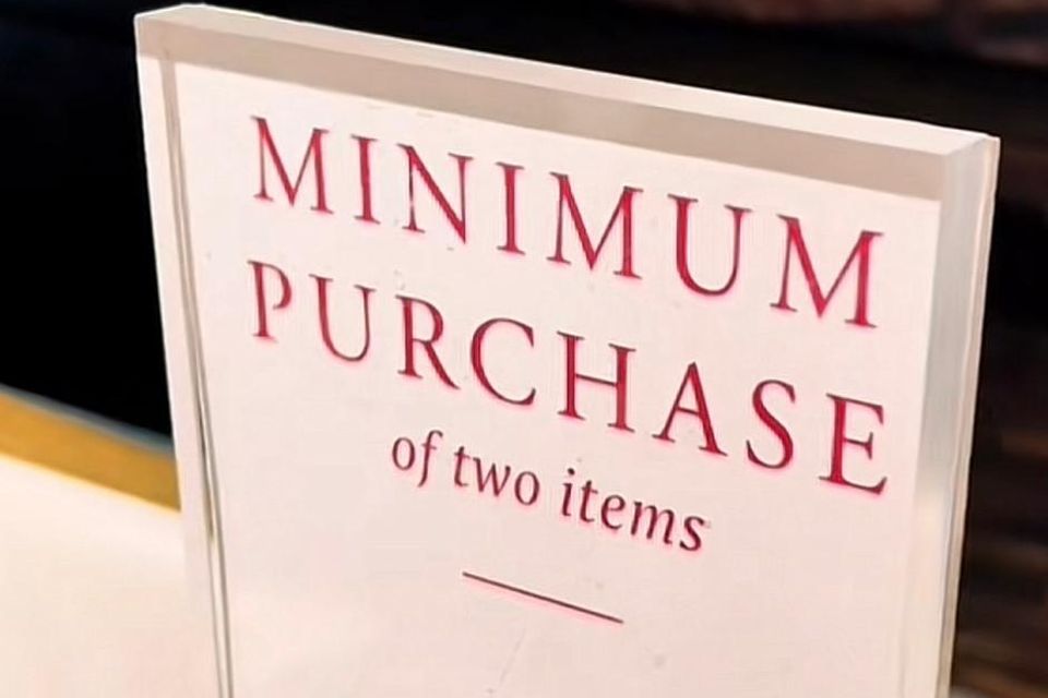 A sign in Rituals in Kildare Village tells customers about the requirement to buy a minimum of two items. Photo: Gordon Hickey/TikTok