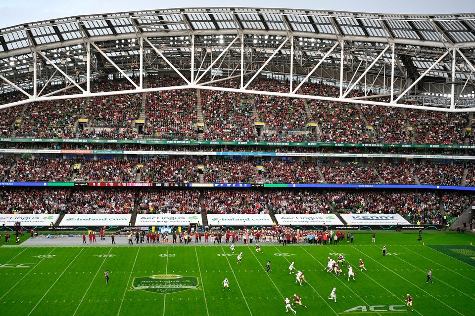 24 August 2024; A general view of action during the 2024 Aer Lingus College Football Classic match between Florida State and Georgia Tech at Aviva Stadium in Dublin. Photo by David Fitzgerald/Sportsfile 