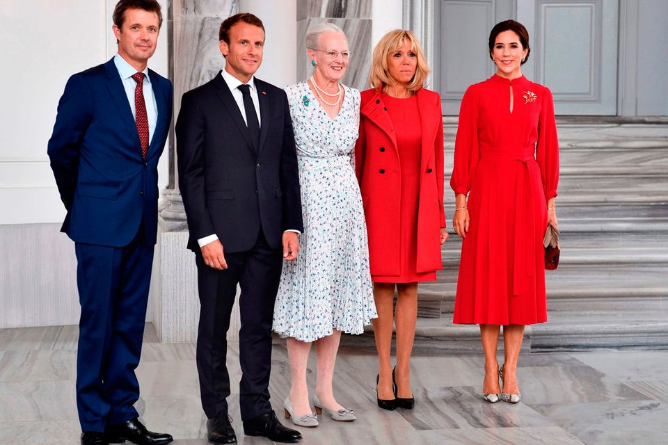 Brigitte Macron's in Louis Vuitton Pumps With Danish Princess Mary