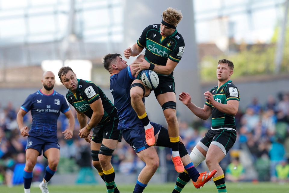 Leinster's Dan Sheehan in action with Northampton Saints' Henry Pollock during the Champions Cup semi-final at the Aviva Stadium, Dublin. Photo: Reuters/Clodagh Kilcoyne