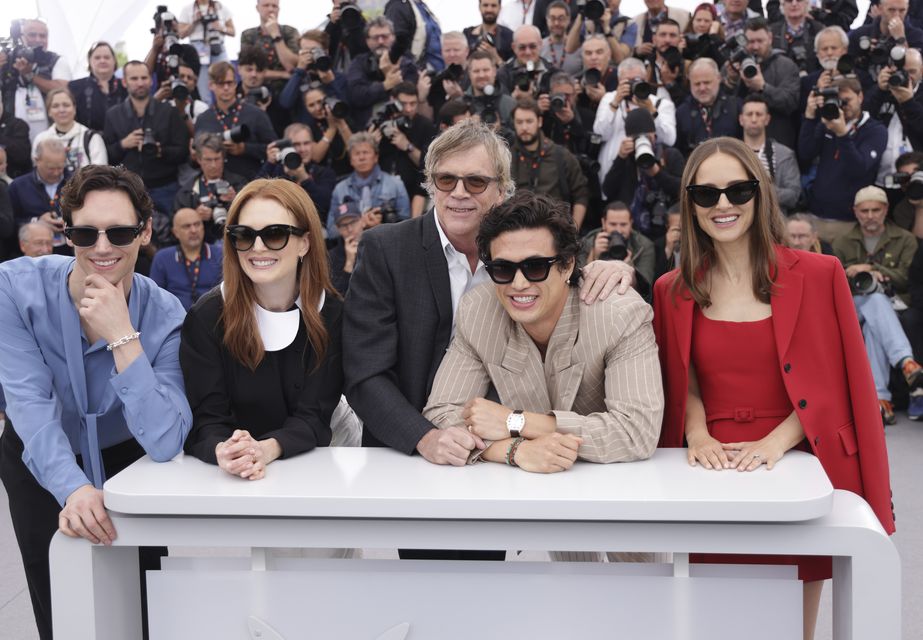 Cory Michael Smith, from left, Julianne Moore, director Todd Haynes, Charles Melton and Natalie Portman (Vianney Le Caer/Invision/AP)