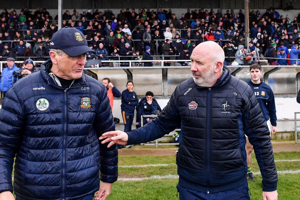 Meath manager Colm O'Rourke with Kildare manager Glenn Ryan after the Allianz Football League Division 2 match between Kildare and Meath at St Conleth's Park in Newbridge, Kildare. Photo by Piaras Ó Mídheach/Sportsfile