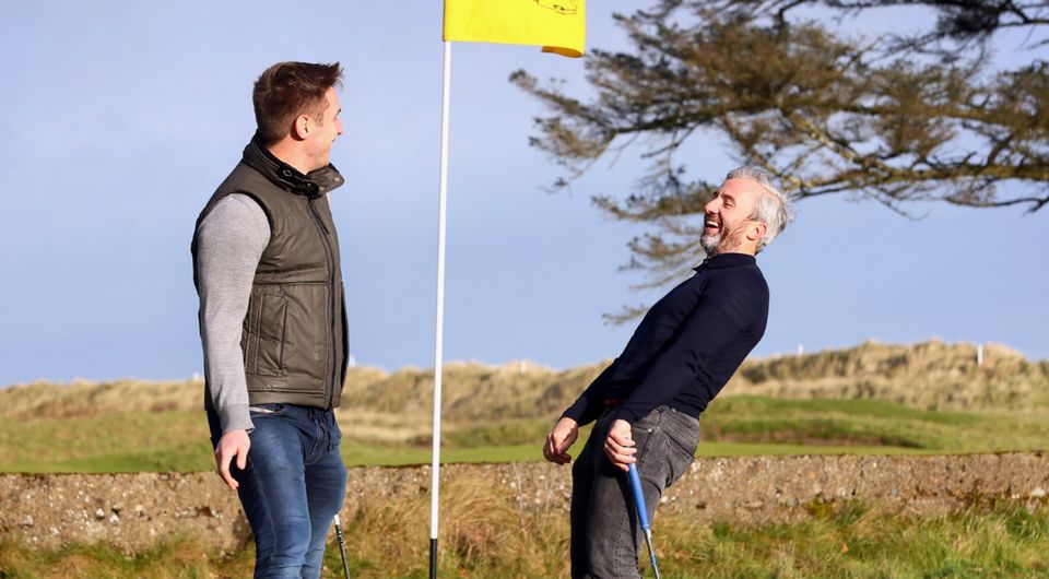 Stephen Hunt and Kevin Doyle pictured on the 18th green at Rosslare Golf Golf Club.  Picture Credit:Frank Mc Grath