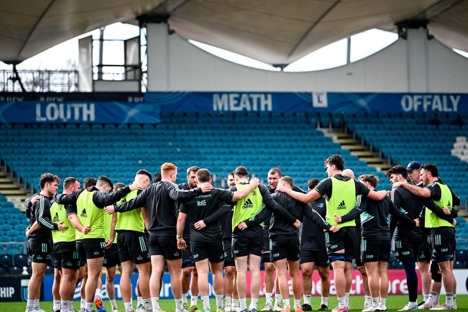 Leinster players huddle during a captain's run at the RDS Arena in Dublin ahead of this evening's URC clash with the Stormers. Photo: Harry Murphy/Sportsfile