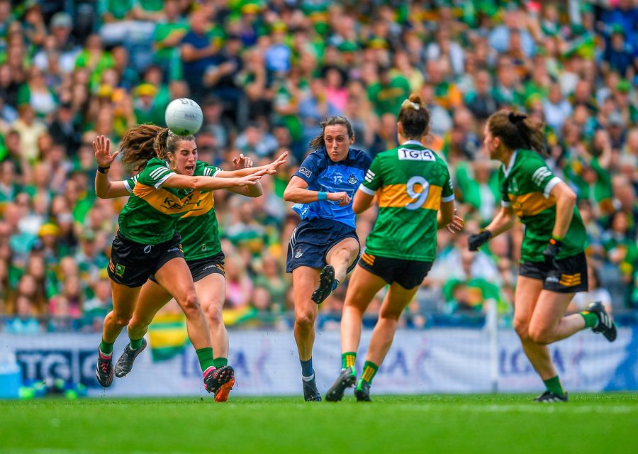 Dublin's Hannah Tyrrell scores one of her 0-8 (4f) haul during the first half against Kerry. Photo: John Sheridan/Sportsfile