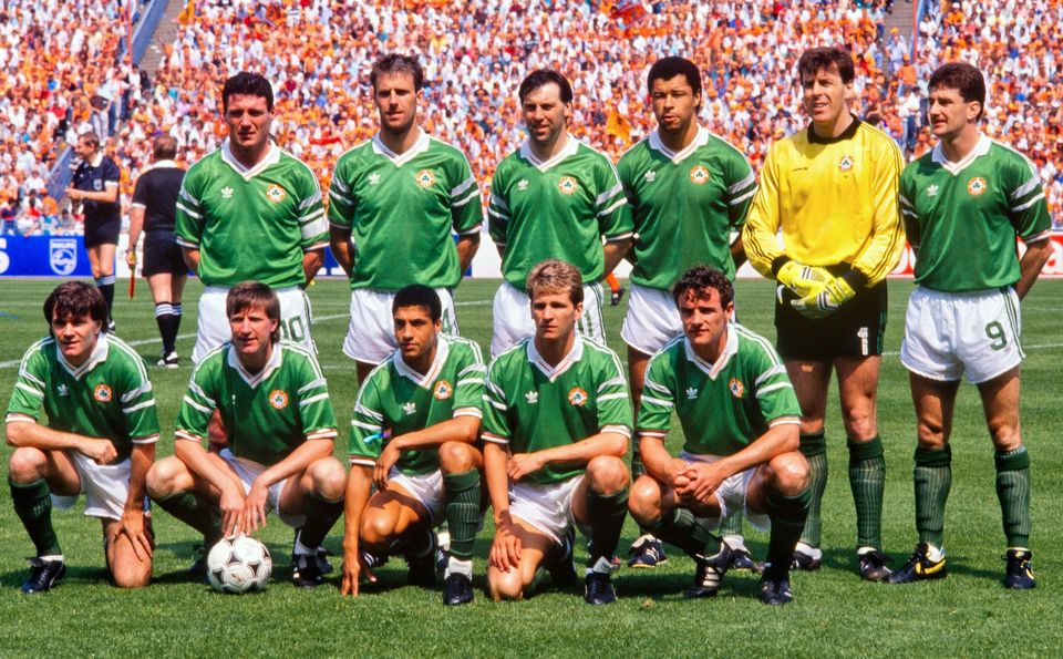 The Republic of Ireland team that narrowly lost to Holland at Euro 88 – Back row (left to right), Frank Stapleton, Mick McCarthy, Tony Galvin, Paul McGrath, Packie Bonner and John Aldridge. Front row (left to right), Ray Houghton, Ronnie Whelan, Chris Hughton, Chris Morris and Kevin Moran. Photo: Ray McManus/Sportsfile