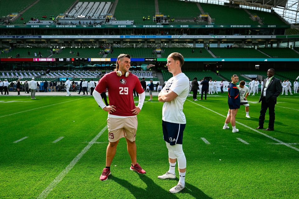 24 August 2024; Florida State Seminoles punter Alex Mastromanno, left, and Georgia Tech Yellow Jackets punter David Shanahan before the 2024 Aer Lingus College Football Classic match between Florida State and Georgia Tech at the Aviva Stadium in Dublin. Photo by Brendan Moran/Sportsfile 