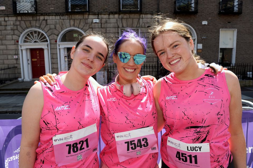 (Left to right) Ellie Barry, Helen Macklin and Lucy Kelly running for 'Crisis Crusaders Run Club' in the VHI Women's Mini Marathon Photo: Caroline Quinn